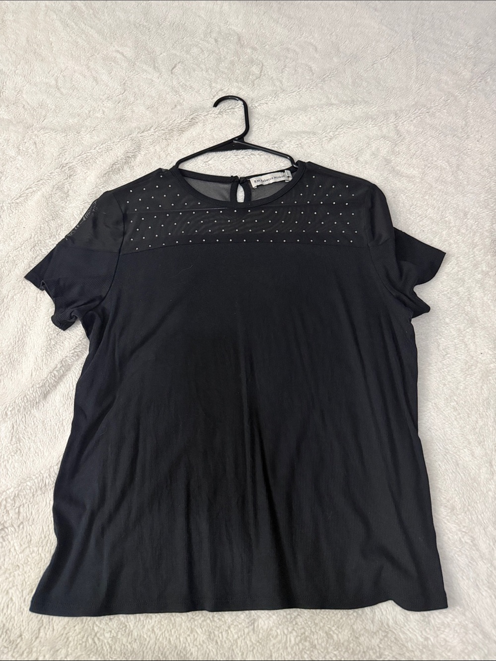 Rebecca Minkoff Black Short-Sleeve Top with Studded Mesh Yoke